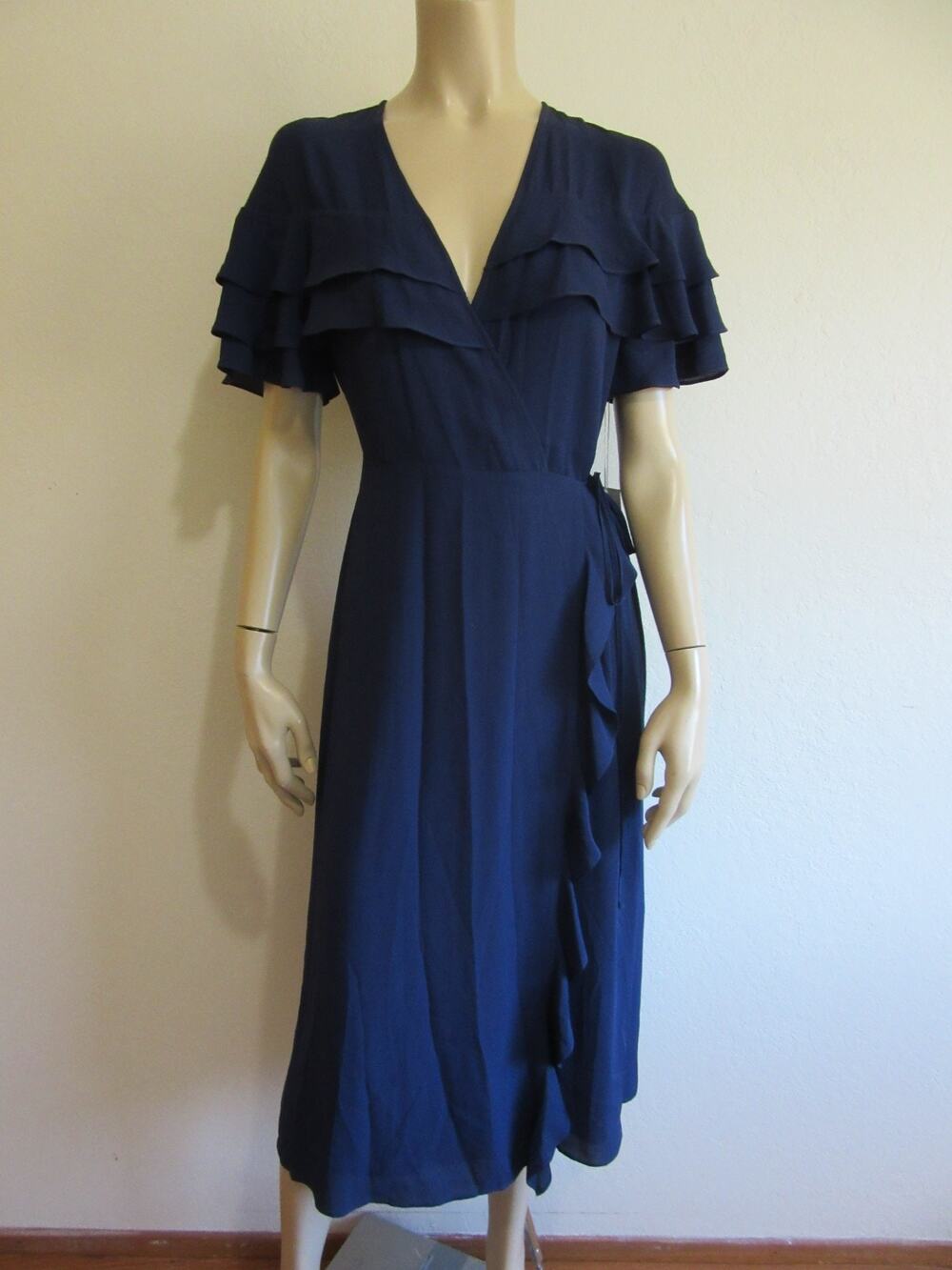 1. STATE Midnight Blue Ruffled S Evening Midi Wrap Dress-NWT-JB3